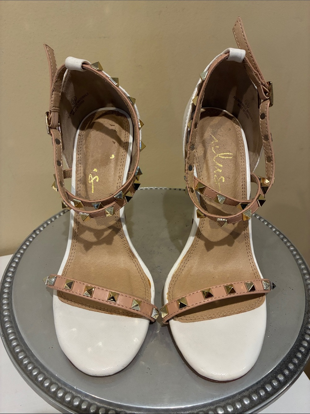 Lulu's White & Blush Studded Ankle-Strap Heels